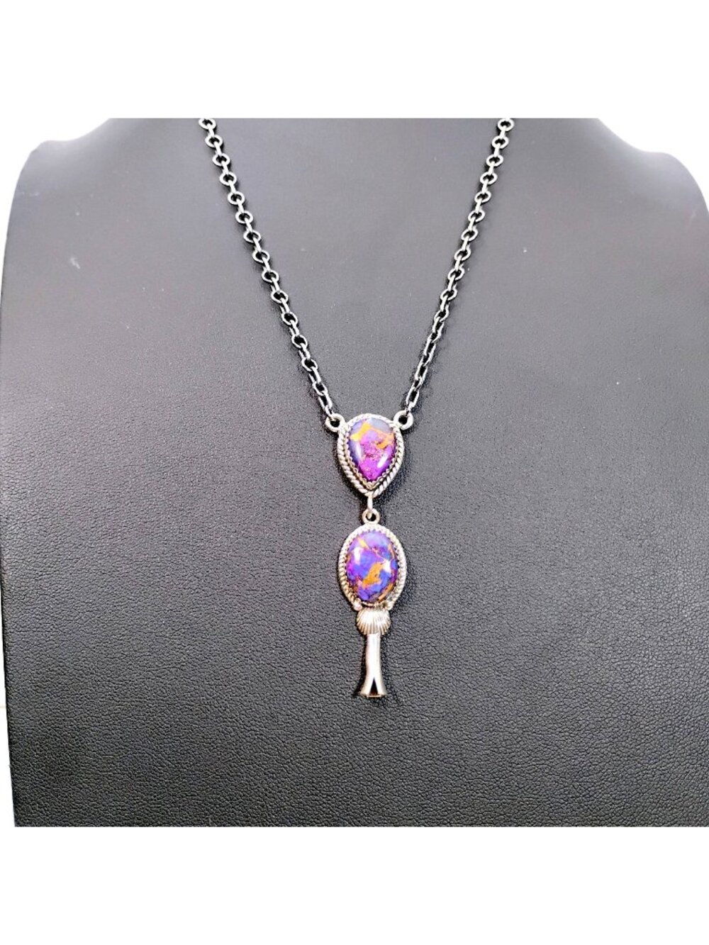 Southwest Violet Purple Dahlia Turquoise Sterling Silver Squash Blossom Necklace